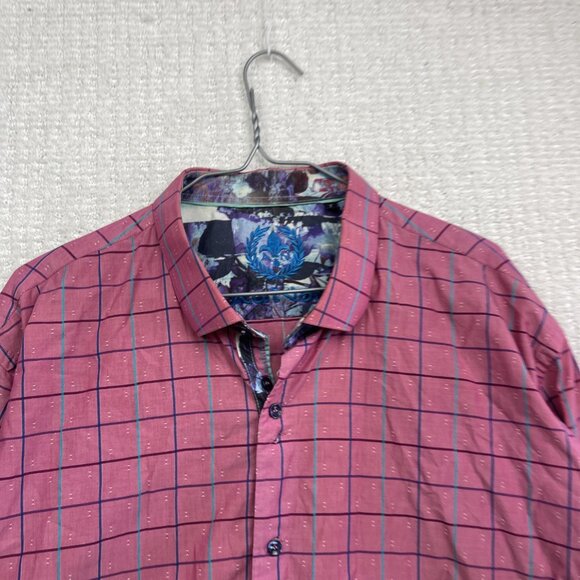 Au Noir Pink Dress Button Down Shirt Geometric Grid Watercolor Design Men Sz 7 - Picture 7 of 15